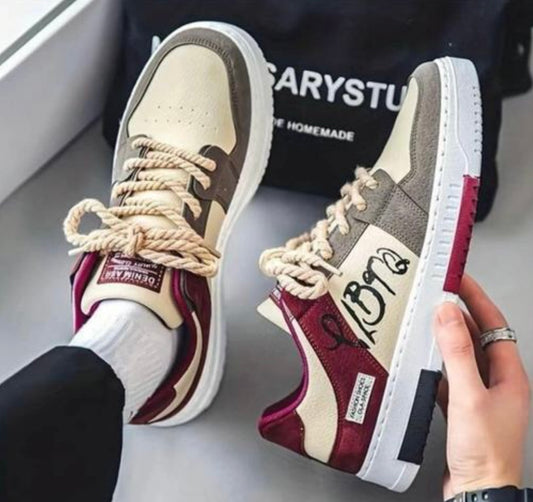 “Luvent Retro Streetwear Sneakers – Vintage Patchwork Design with Bold Rope Laces